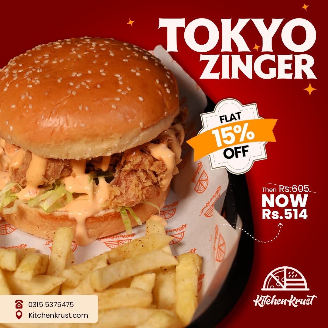 Tokyo Zinger Burger Deal – 15% OFF Juicy Chicken Burger for PKR 514