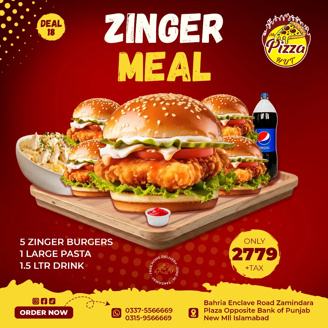 Deal 18 – Zinger Meal Combo | 5 Zinger Burgers + Creamy Pasta & Drink for Rs. 2,779