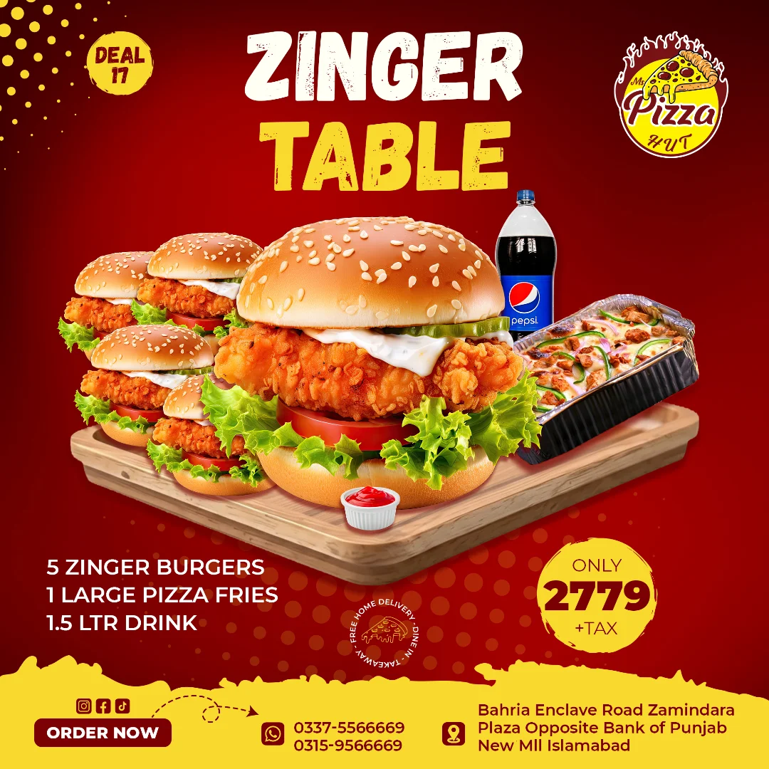Deal 17 – Zinger Table Combo | 5 Zinger Burgers + Pizza Fries & Drink for Rs. 2,779