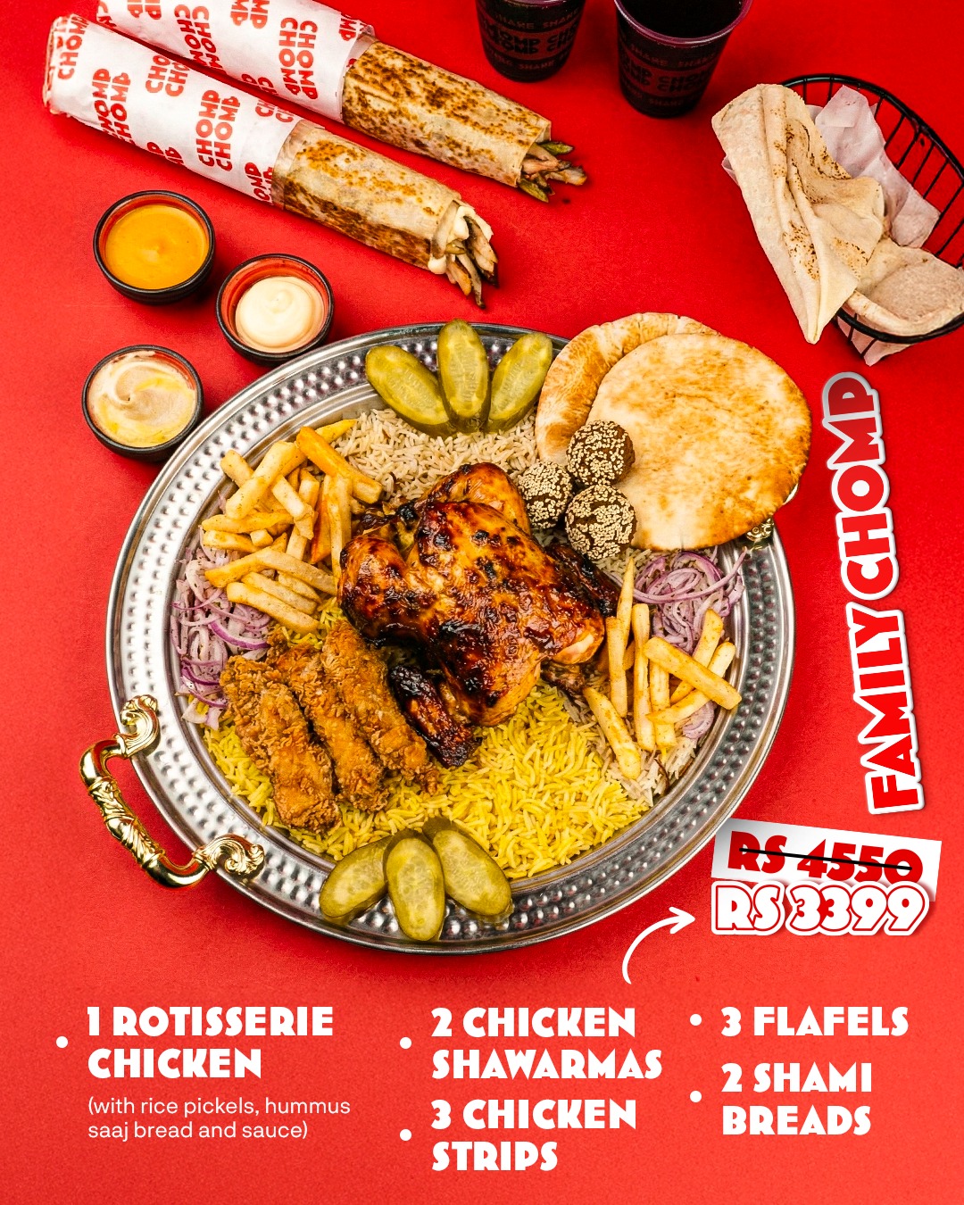 Family Chomp Deal – Rotisserie Chicken, Shawarmas & Sides for Rs. 3,399