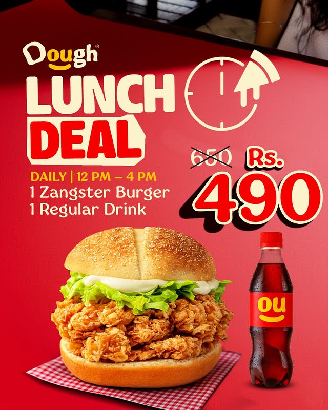 Lunch Deal at DOUGH – Crispy Zangster Burger & Drink for Just Rs. 490