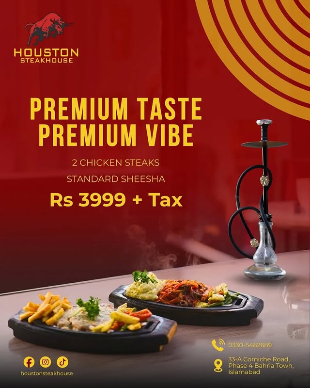 Premium Taste Premium Vibe – 2 Chicken Steaks + Standard Sheesha for Rs. 3,999