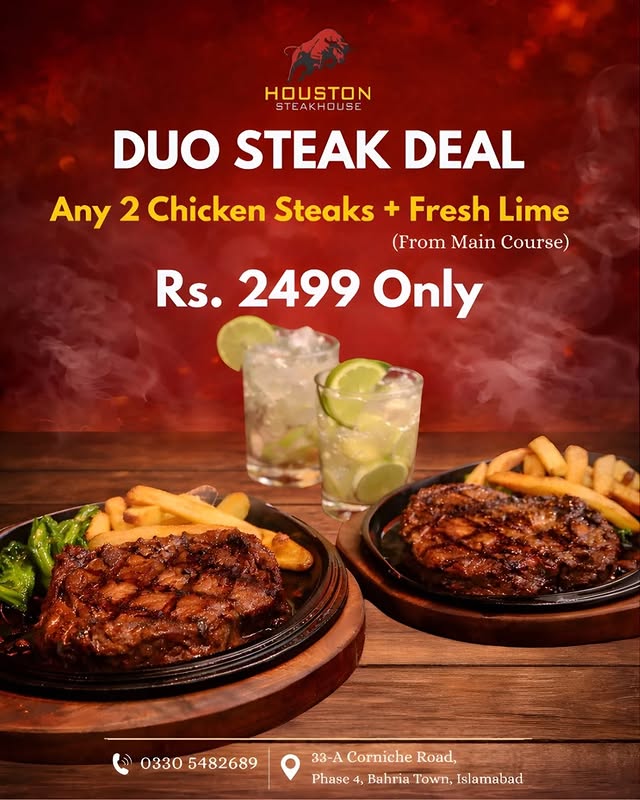 Duo Steak Deal – 2 Chicken Steaks + Fresh Lime for Rs. 2,499 at Houston Steak House