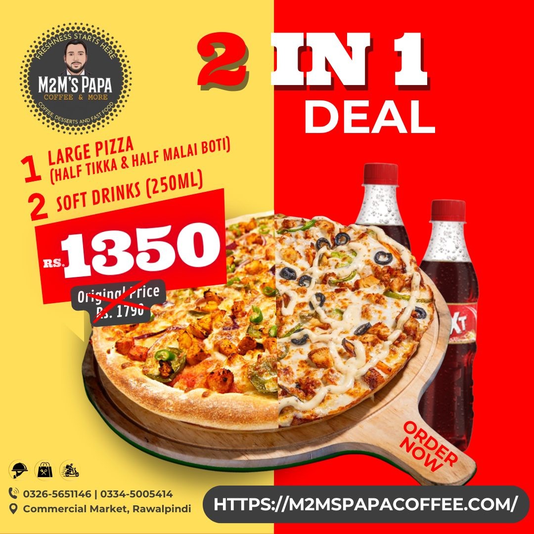 2 in 1 Pizza Deal – Large Half Tikka Half Malai Boti Pizza with Drinks for Rs. 1350