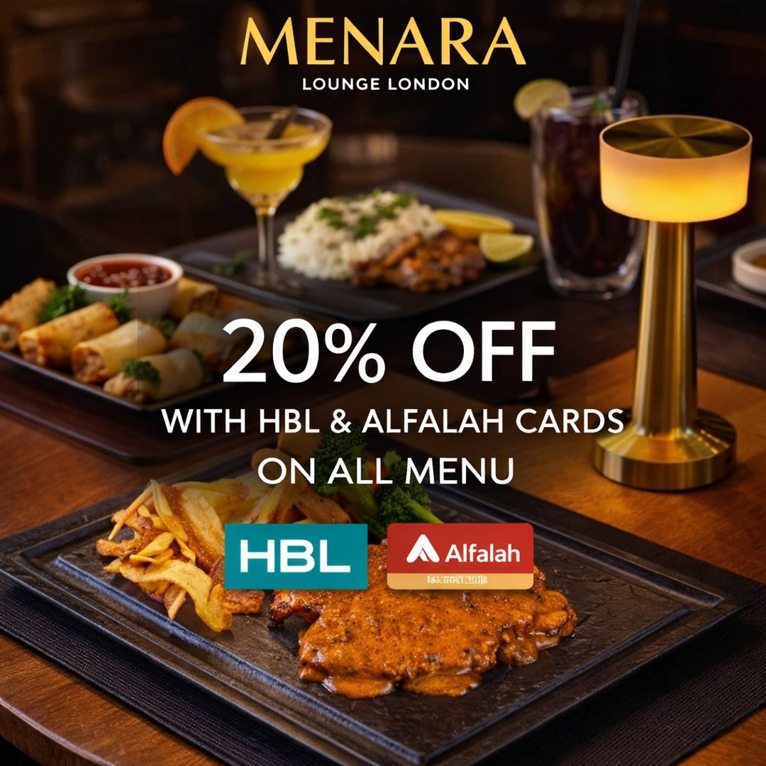 Flat 20% OFF on All Menu Items at Menara Lounge with HBL & Alfalah Cards 🍽️✨
