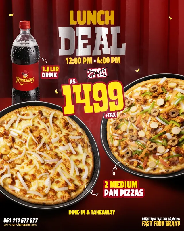 Ranchers Café Lunch Deal – 2 Medium Pan Pizzas + 1.5L Drink for Rs. 1499 🍕🔥