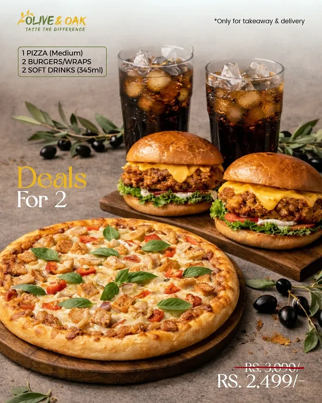 Deal for 2 at Olive & Oak Lahore – Pizza, Burgers & Drinks Combo 🍕🍔
