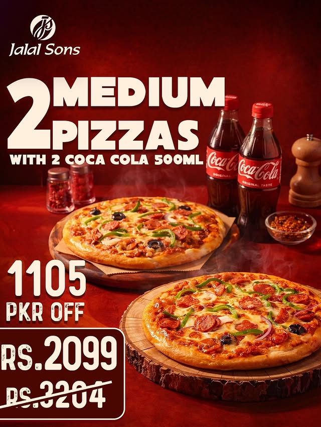 Pizza & Coke Combo at Jalal Sons – 2 Medium Pizzas + Drinks for Rs. 2099 🍕🥤