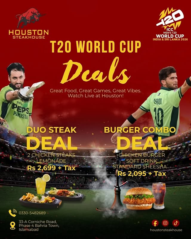 T20 World Cup Live Screening Deals at Houston Steak House 🏏🔥 at Houston Steak House in Rawalpindi