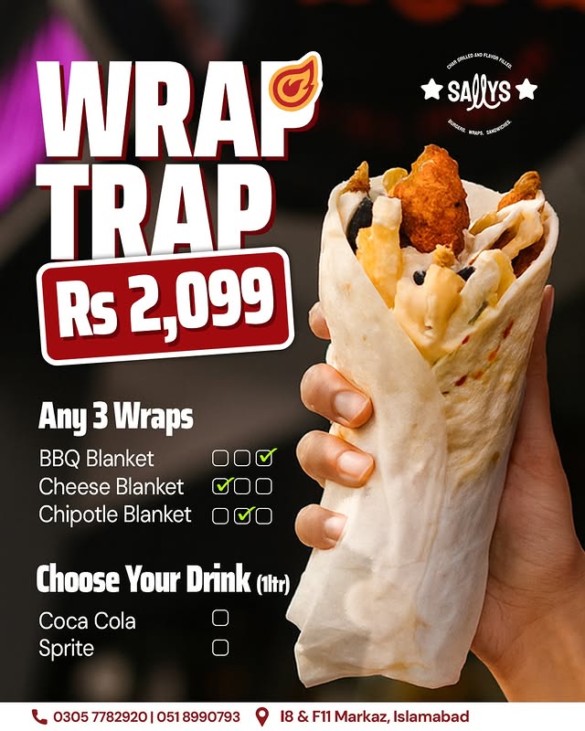 Wrap Trap Deal at Sally’s – Any 3 Wraps + 1L Drink for Rs. 2,099 🌯🥤