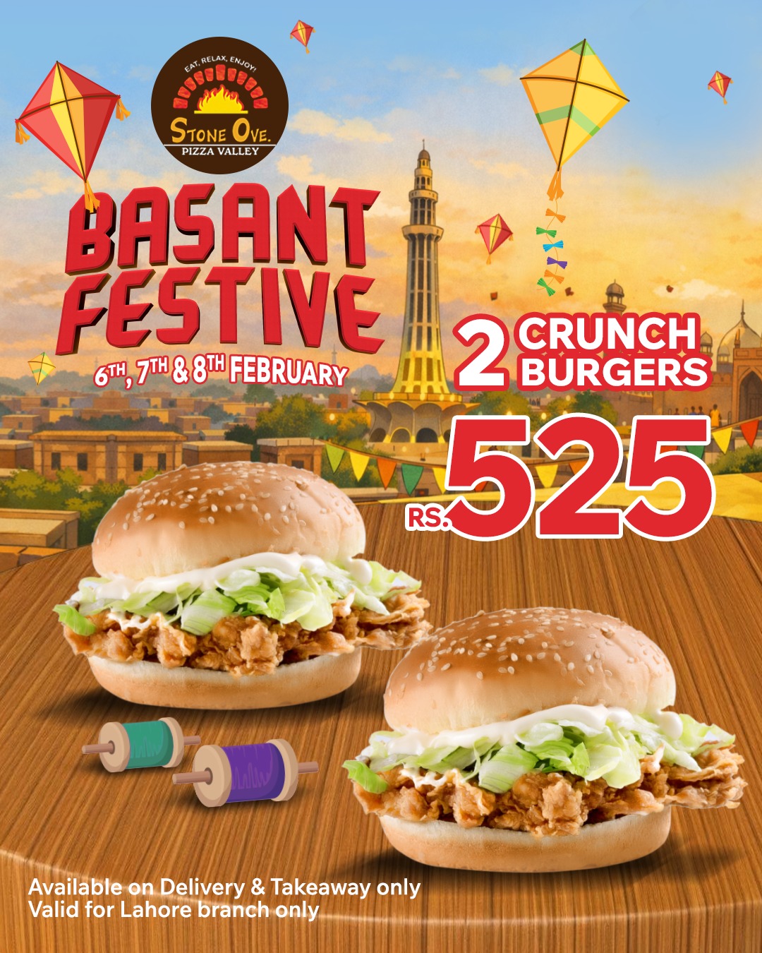 Stone Ove Basant Festive Deals – 2 Large Pizzas & 2 Crunch Burgers 🍕🪁