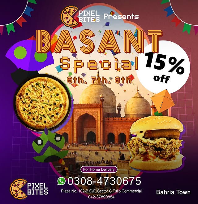 Pixel Bites Basant Offer – 15% OFF on Entire Menu 🍕🍔✨
